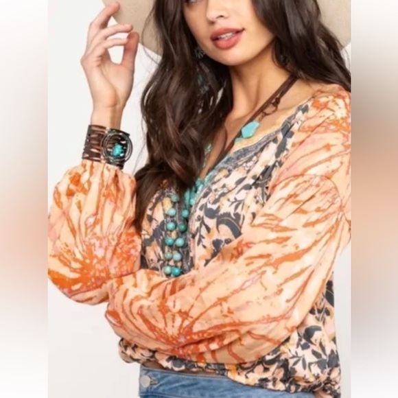 FREE PEOPLE BOHEMIAN PRINT CRUISIN TOGETHER FAUX WRAP V-NECK OVERSIZED TOP SZ XS - Picture 2 of 11